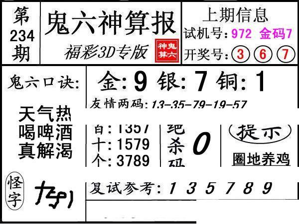 第234期3d鬼六神算报
