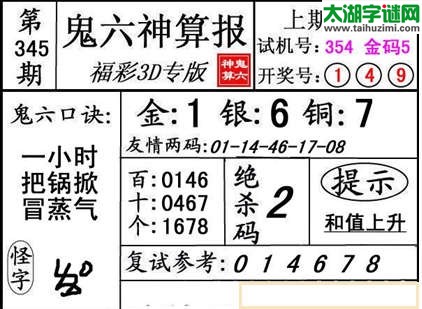 3d345期：【鬼六神算】胆码杀码图