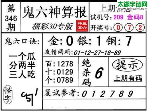 3d346期：【鬼六神算】胆码杀码图