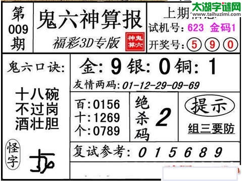 3d009期：【鬼六神算】胆码杀码图