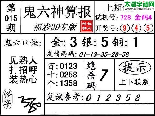 3d015期：【鬼六神算】胆码杀码图