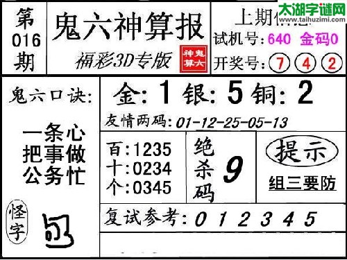 3d016期：【鬼六神算】胆码杀码图