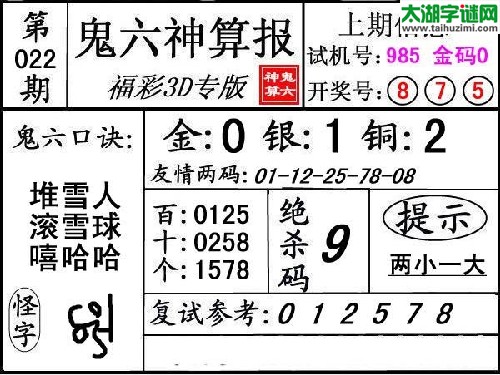 3d022期：【鬼六神算】胆码杀码图