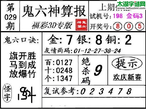 3d029期：【鬼六神算】胆码杀码图