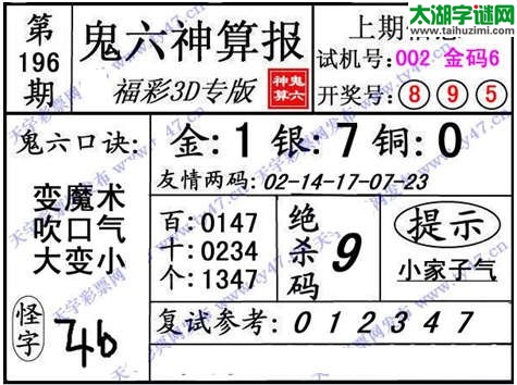 3d196期：【鬼六神算】胆码杀码