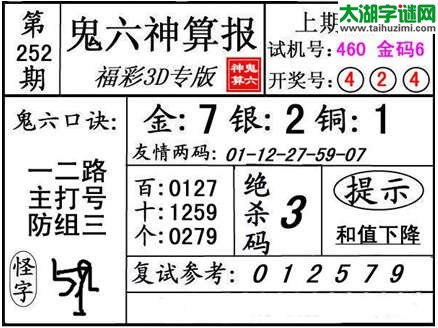 3d252期：【鬼六神算】胆码杀码