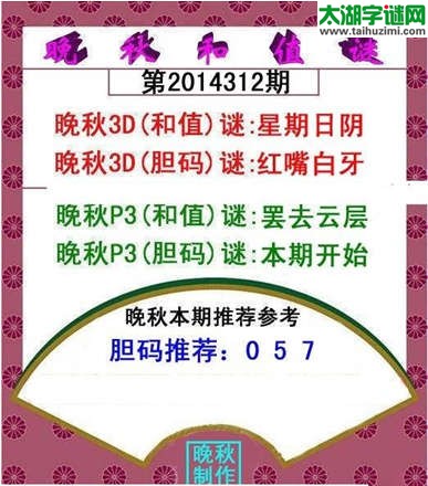 福彩3d晚秋和值谜14312期