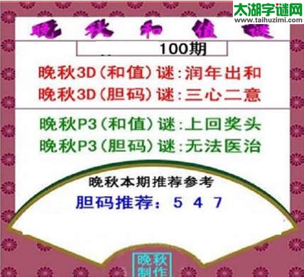 福彩3d晚秋和值谜15100期