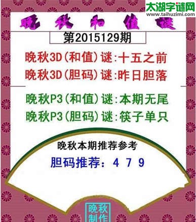 福彩3d晚秋和值谜15129期
