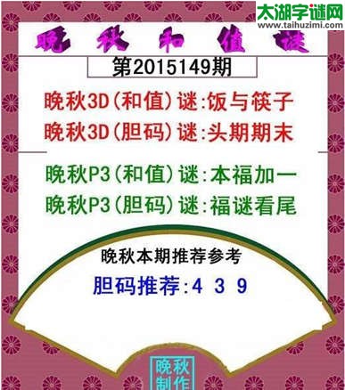 福彩3d晚秋和值谜15149期
