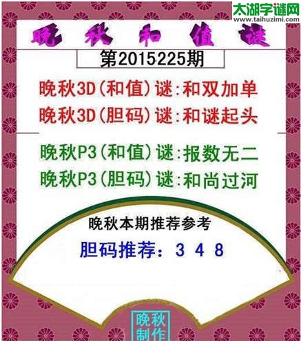 福彩3d晚秋和值谜15225期