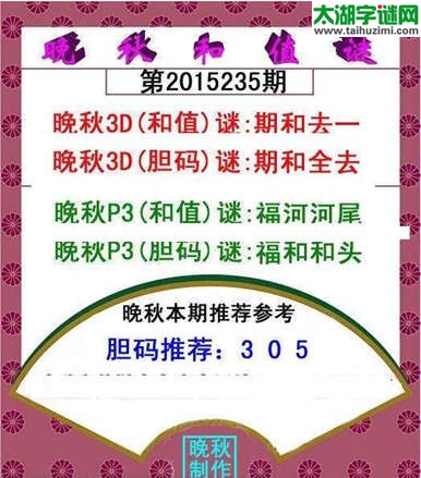 福彩3d晚秋和值谜15235期