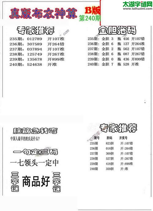 3d布衣神算AB版图谜2015240期