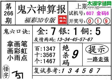 3d266期：【鬼六神算】胆码图+绝杀一码