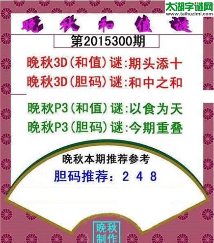 福彩3d晚秋和值谜15300期