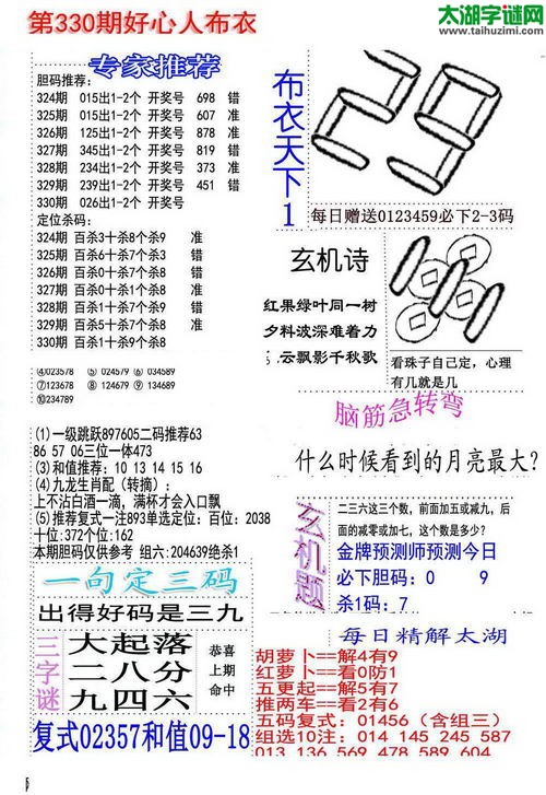 福彩3d好心人布衣-15330期