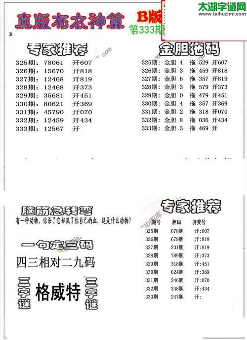 3d布衣神算AB版图谜2015333期