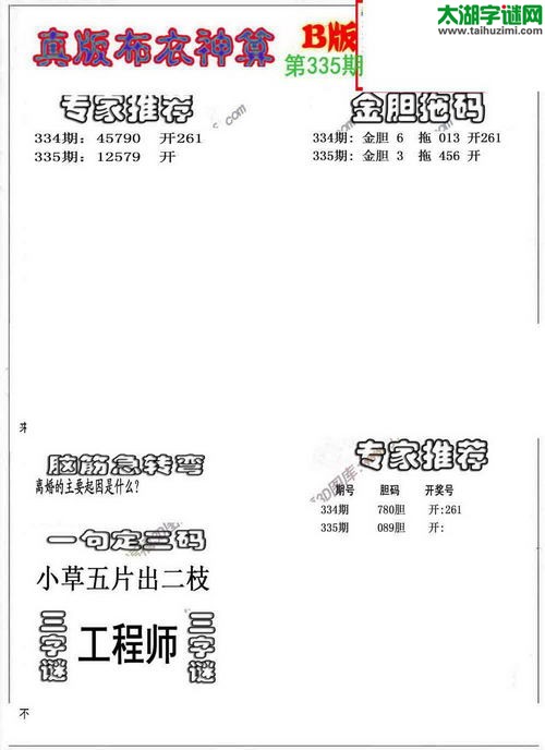 3d布衣神算AB版图谜2015335期