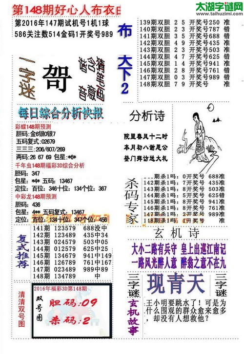 3d好心人布衣图谜2016148期