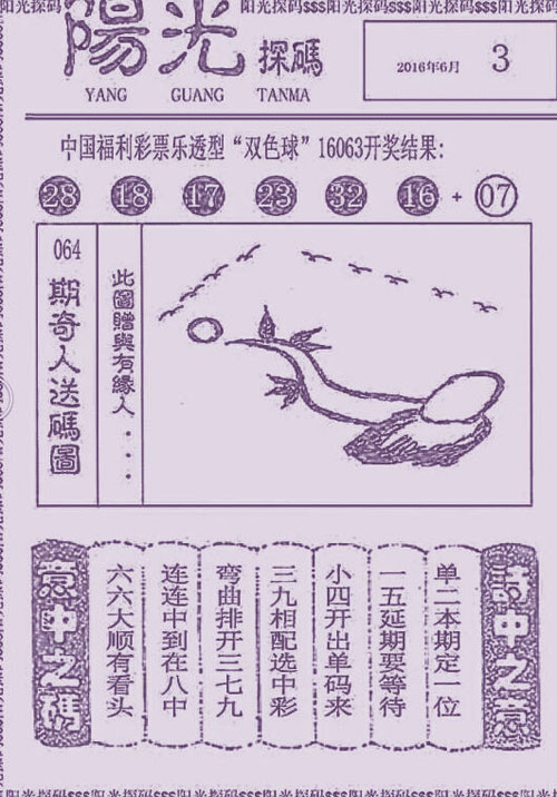 双色球2016064期：彩民乐与阳光探码图