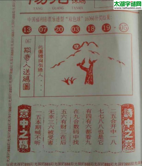 双色球2016067期：彩民乐与阳光探码图