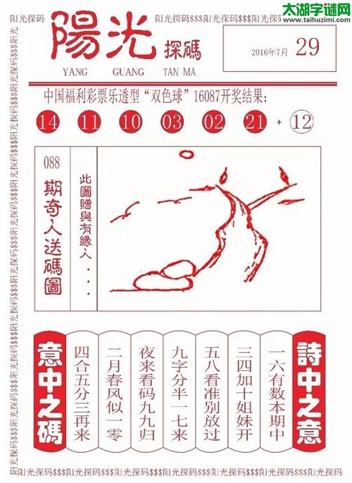 双色球2016088期：彩民乐与阳光探码图