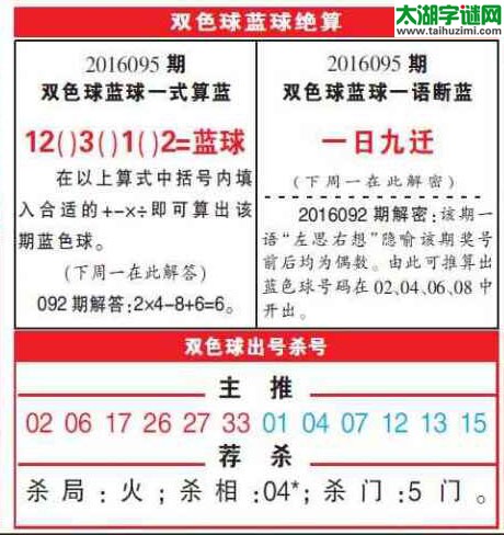 双色球2016095期：彩票指南电子报