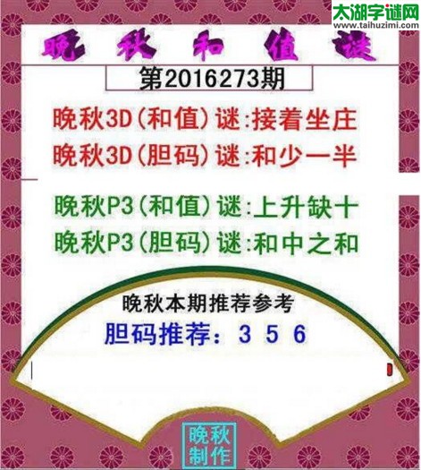 福彩3d晚秋和值谜16273期