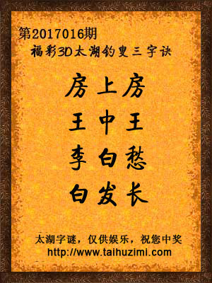 3d016期太湖字谜：房上房，王中王，李白愁，白发长