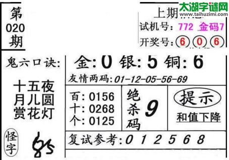 3d020期：鬼六神算图库福彩3d胆码图