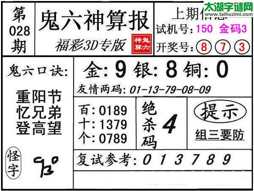 3d028期：鬼六神算图库福彩3d胆码图