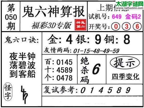 3d050期：鬼六神算图库福彩3d胆码图