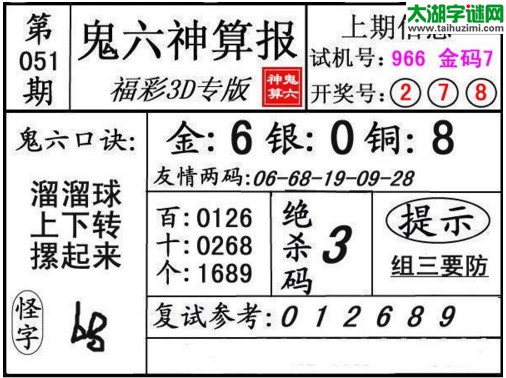 3d051期：鬼六神算图库福彩3d胆码图