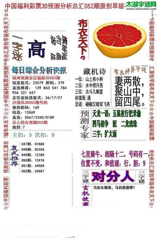 3d早版布衣天下图谜2017052期