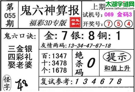 3d055期：鬼六神算图库福彩3d胆码图