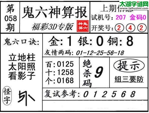 3d058期：鬼六神算图库福彩3d胆码图