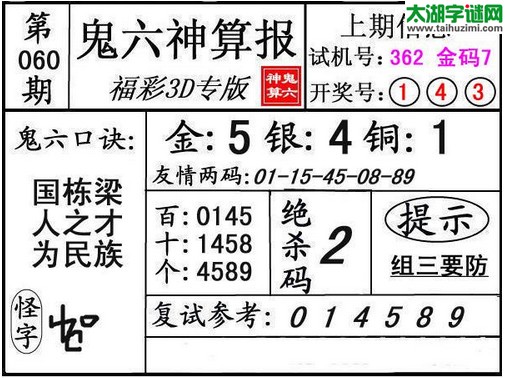 3d060期：鬼六神算图库福彩3d胆码图