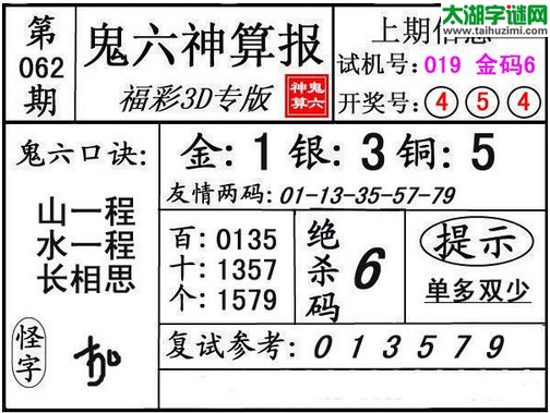 3d062期：鬼六神算图库福彩3d胆码图