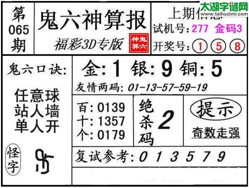 3d065期：鬼六神算图库福彩3d胆码图