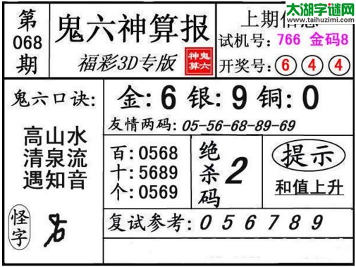 3d068期：鬼六神算图库福彩3d胆码图