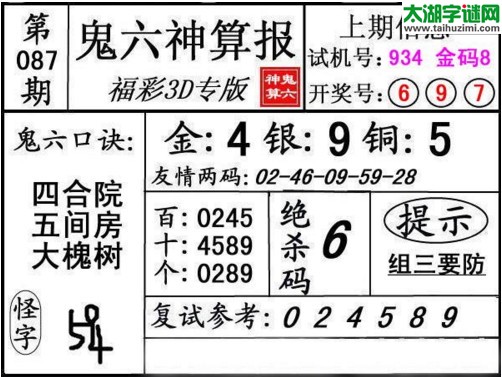 3d087期：鬼六神算图库福彩3d胆码图