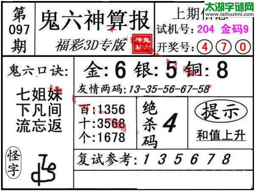 3d097期：鬼六神算图库福彩3d胆码图