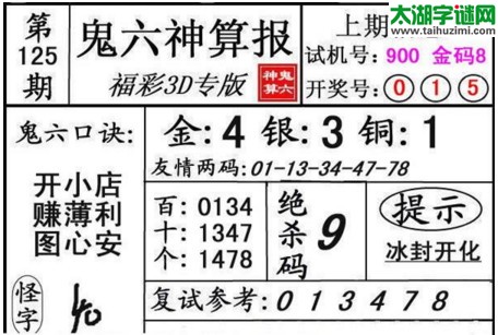 3d125期：鬼六神算图库福彩3d胆码图