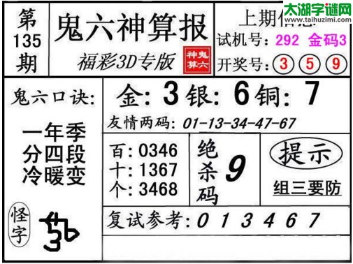 3d135期：鬼六神算图库福彩3d胆码图