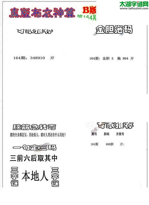 3d布衣神算AB版图谜2017164期