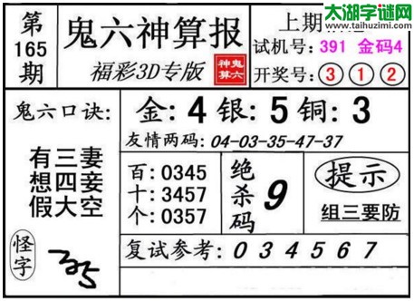 3d165期：鬼六神算图库福彩3d胆码图