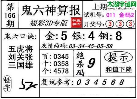 3d166期：鬼六神算图库福彩3d胆码图