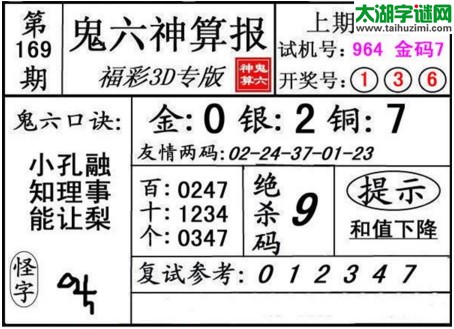 3d169期：鬼六神算图库福彩3d胆码图