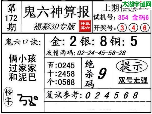 3d172期：鬼六神算图库福彩3d胆码图