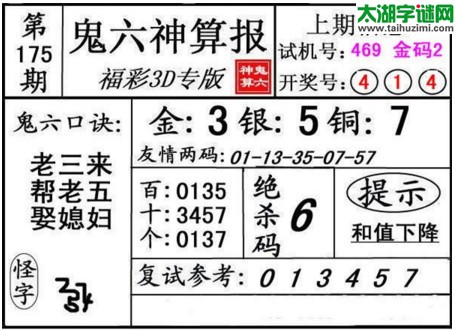 3d175期：鬼六神算图库福彩3d胆码图